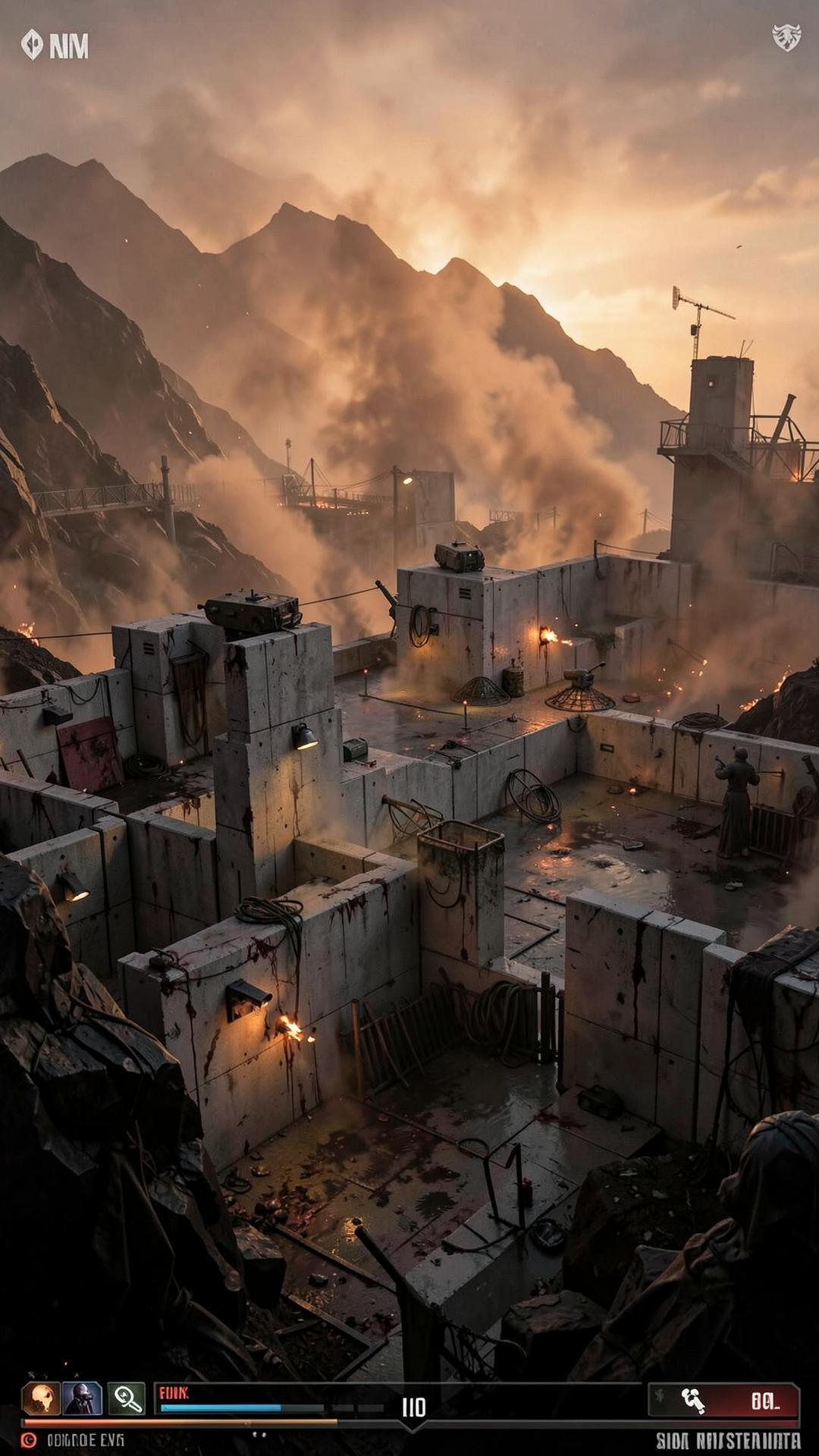 AshHold: Survival Redoubt mode — fortified concrete outpost with turrets under ember-lit smoke