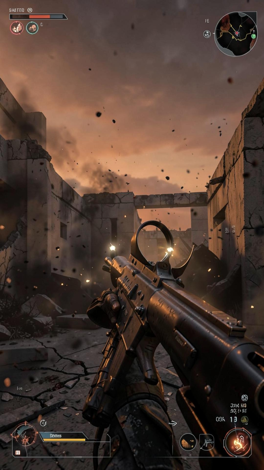 AshHold: Survival Sortie mode — tactical shooter view through iron sights in a ruined district at dusk